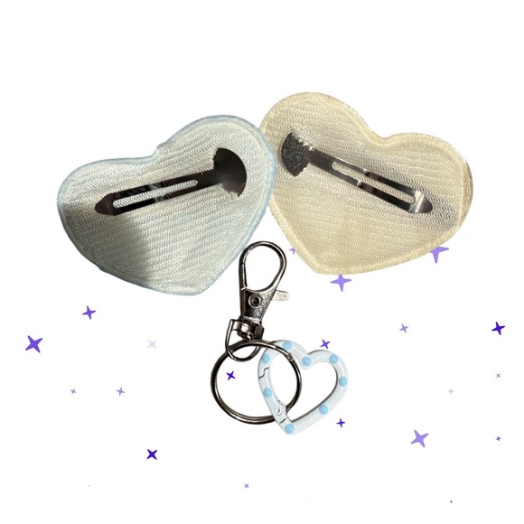 3 Piece Bundle of 2 Heart Barettes Blue and Yellow and Heart Keychain - Picture 2 of 4